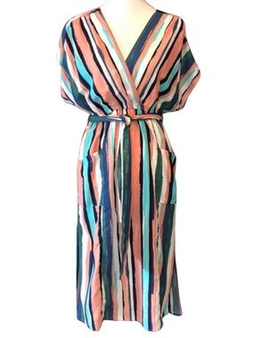 Lost + Wander Striped Midi Dress with Pockets in Coral, Teal, Navy & White